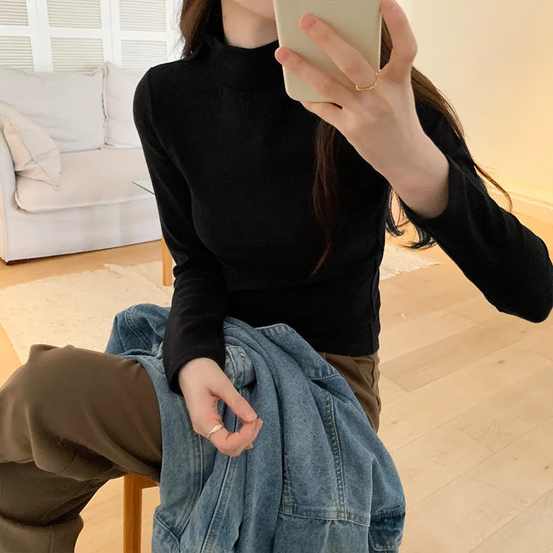 Znbbw Collar Threaded Bottom Women Wear Temperamental Long-Sleeved T-Shirts In Autumn And Winter