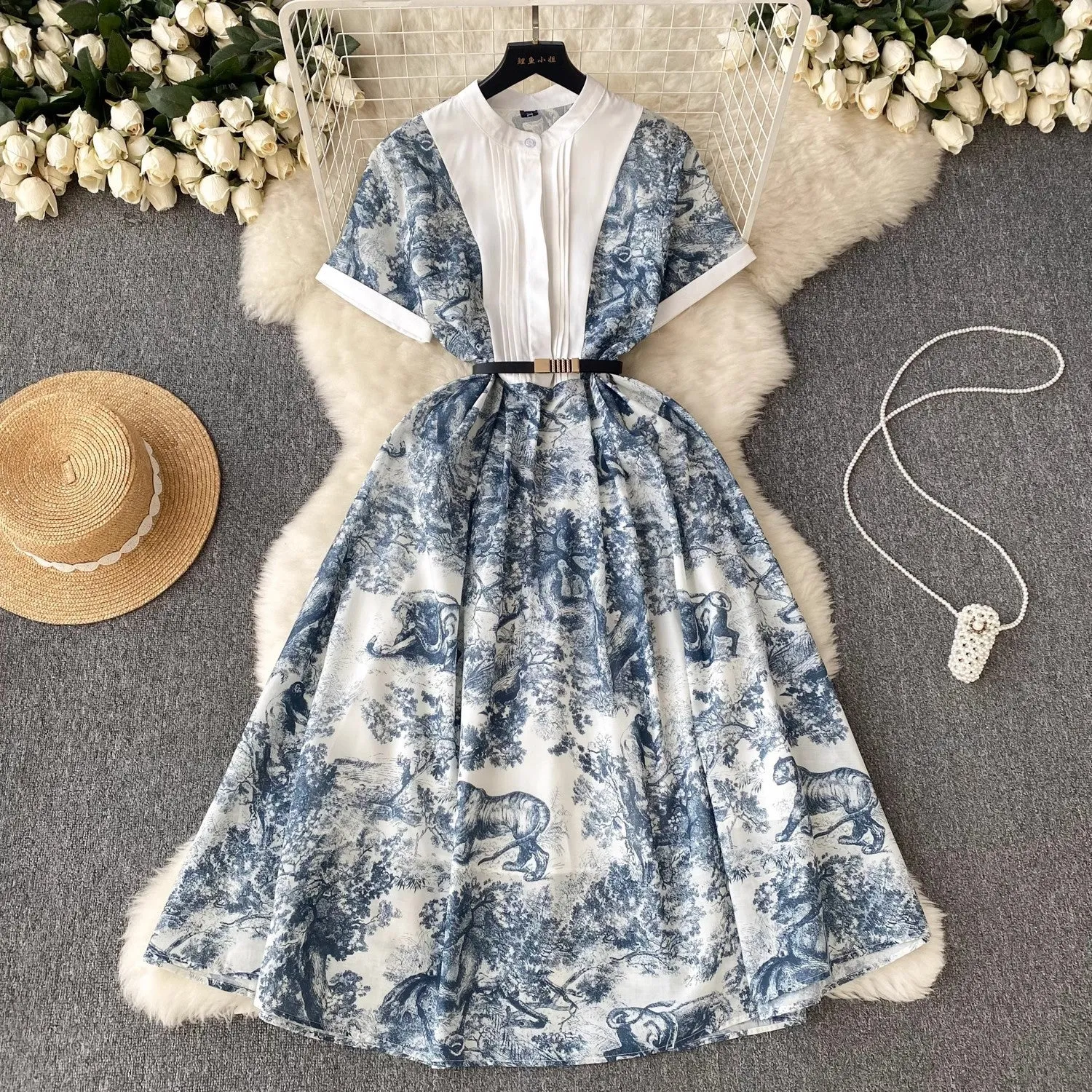 Znbbw Court Style High-End Short-Sleeved Printed Dress Woman Waist Design Minority Chic Super Immortal Temperament Long Dress