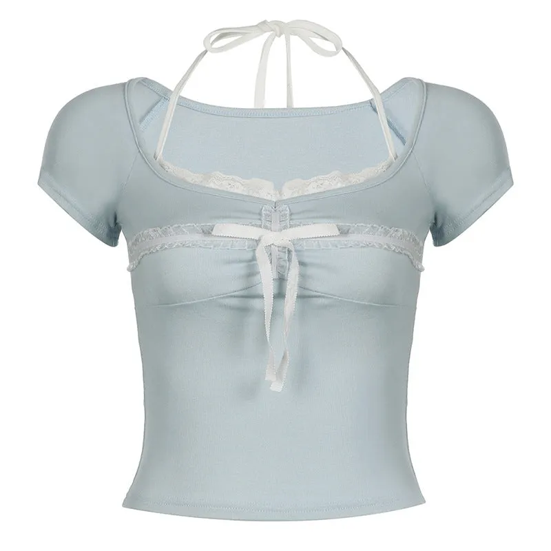 Bow Tie Lace Stitching Neck Pure Wind Short-Sleeved Blouse Sweet Slim And Skinny T-Shirt In Summer