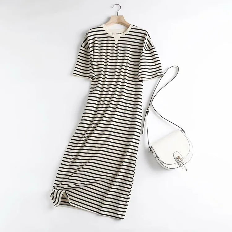 Znbbw New Short-Sleeved Cotton Striped Simple Wind Dress In Summer