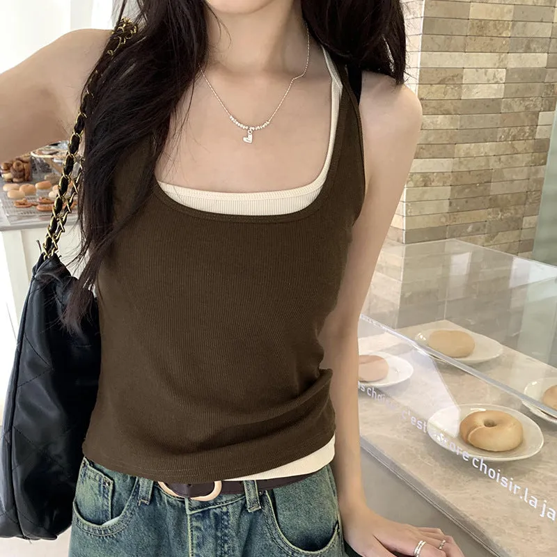 Hot Girl Style Black I-Shaped U-Shaped Collar With Sling Vest Outside Wearing Short Slim And Slim Blouse Woman