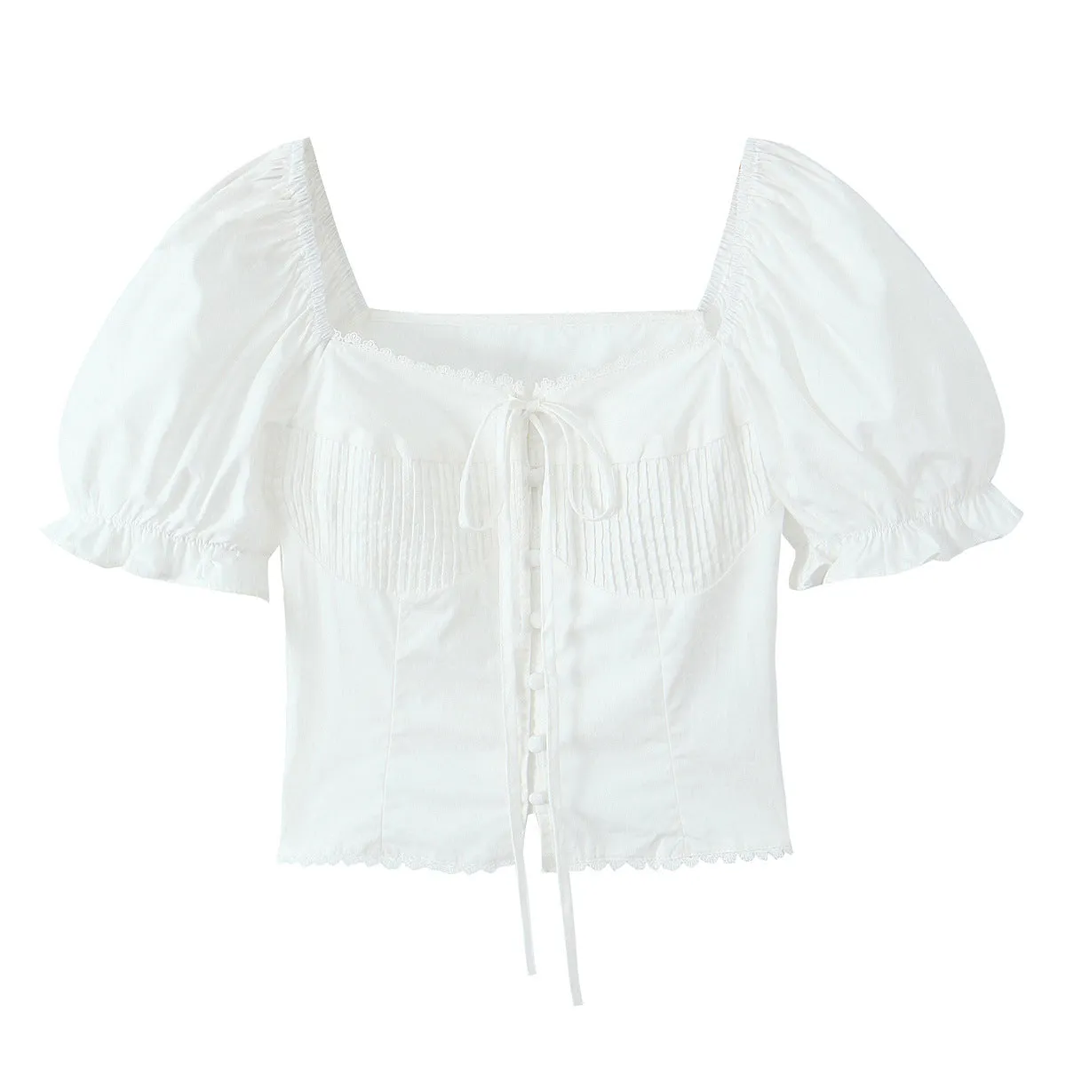 Znbbw New French Vintage Design Pleated Square Collar Bubble Sleeve Shirt