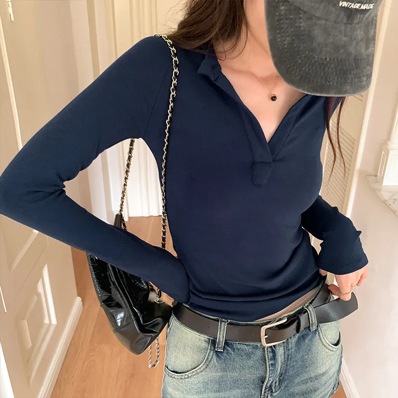 Znbbw Sense Of V-Collar Long-Sleeved T-Shirt In Early Autumn A New Slim, Slim, Full-Bottomed Shirt With Underwear