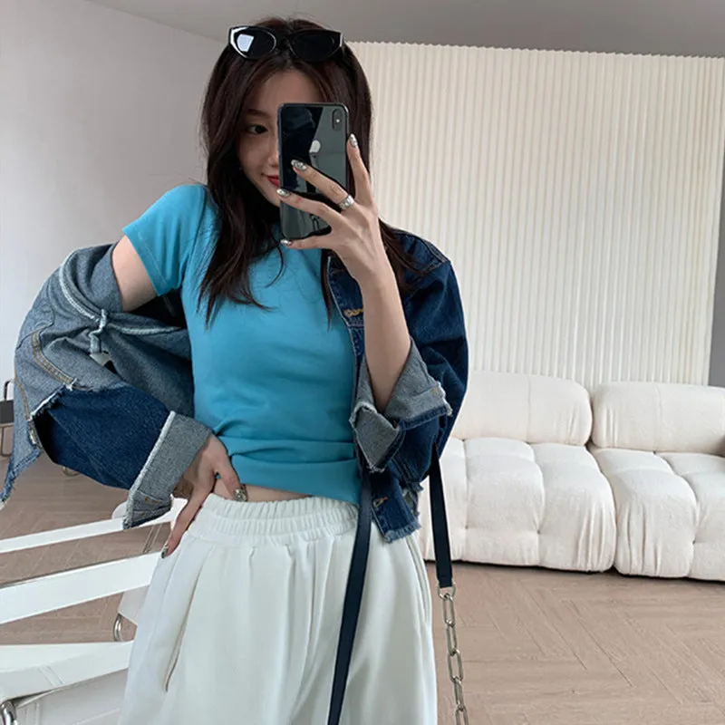 Znbbw Cotton Shoulder Short-Sleeved T-Shirt Women's Ins Tide Brand Round Collar Folded And Bottomed T-Shirt Slim To Show A Thin White Blouse