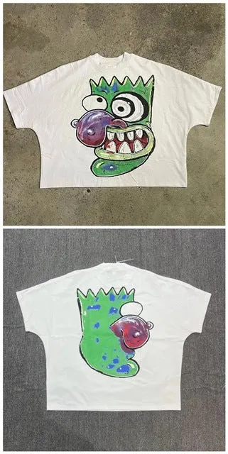 Znbbw Street Cartoon Long Printed Short-Sleeved Y2K Summer Casual Loose Couple Shirt