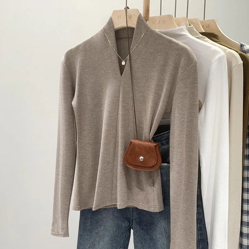 Znbbw Color Design Feel Minority Long-Sleeved T-Shirt Women's Autumn New Semi-High-Collar Bottomed Shirt Slim V-Collar Underwear