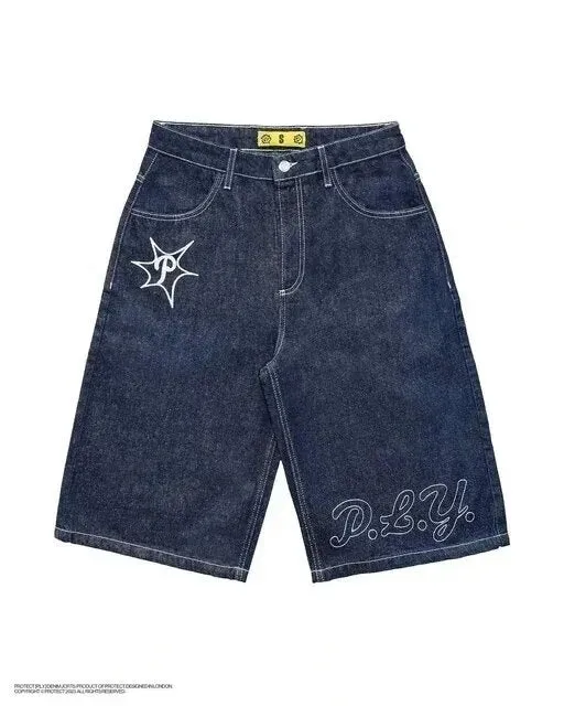 Znbbw Shorts Y2K Hip-Hop Retro Skull Retro Denim Fitness Baggy Jeans Shorts
