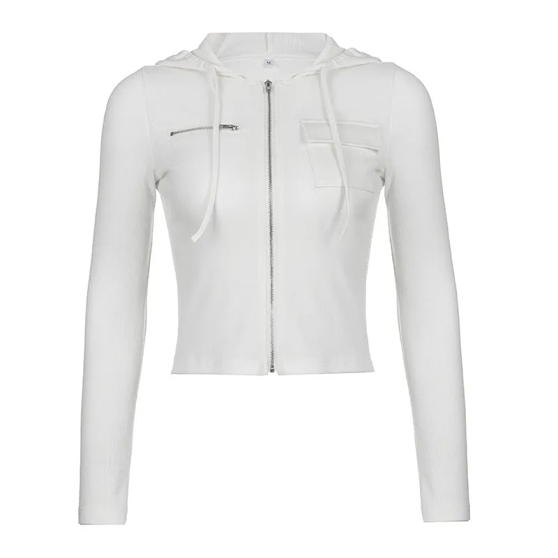 2024 New Early Autumn Women's Casual Fashion Short Solid Color Threaded Pocket Zipper Long-Sleeved Jacket