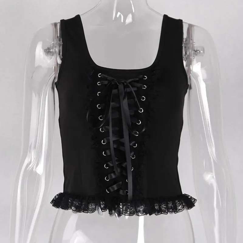 Znbbw Summer New Black Vest Ins Square Collar Knitted Lace Sleeveless Halter Top