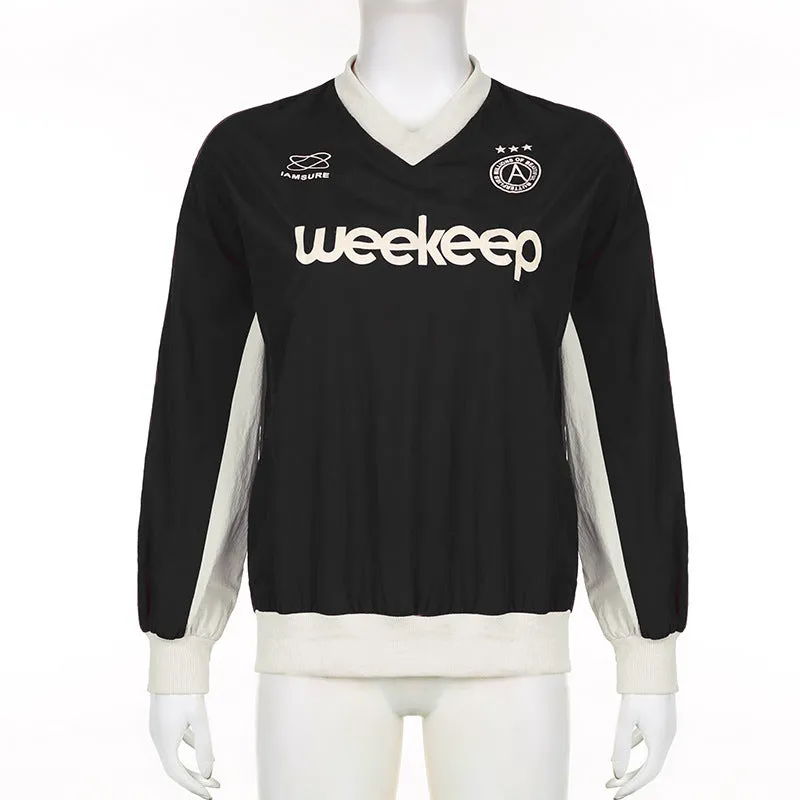 Leisure Fashion Color Letter Printed Baseball Blouse 2025 Loose V-Collar Medium And Long Woven Long-Sleeved T-Shirt In Early Autumn