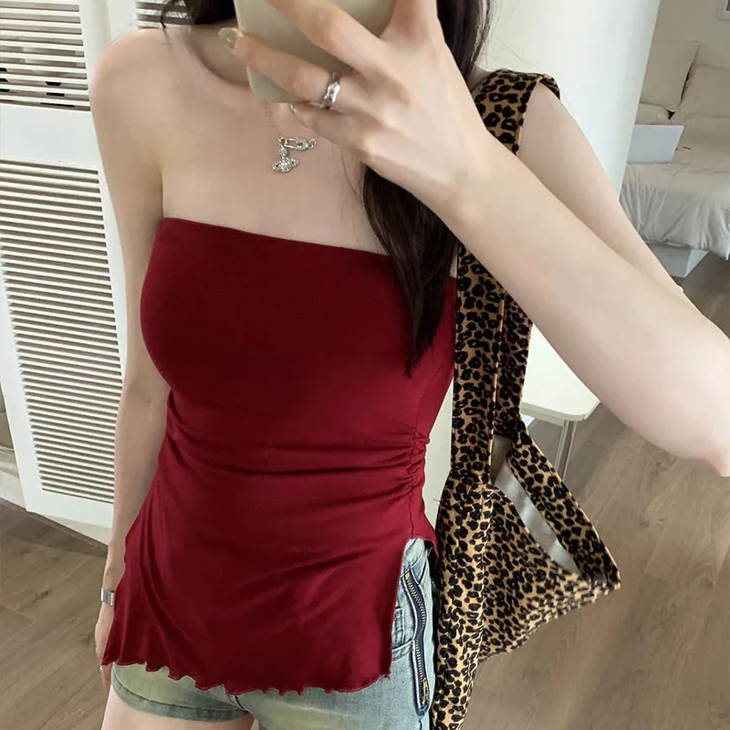 Design Feeling Red Breast Sling Vest Female Summer Minority Fold Fork Slim Body Wear Chest Cushion Top Tide