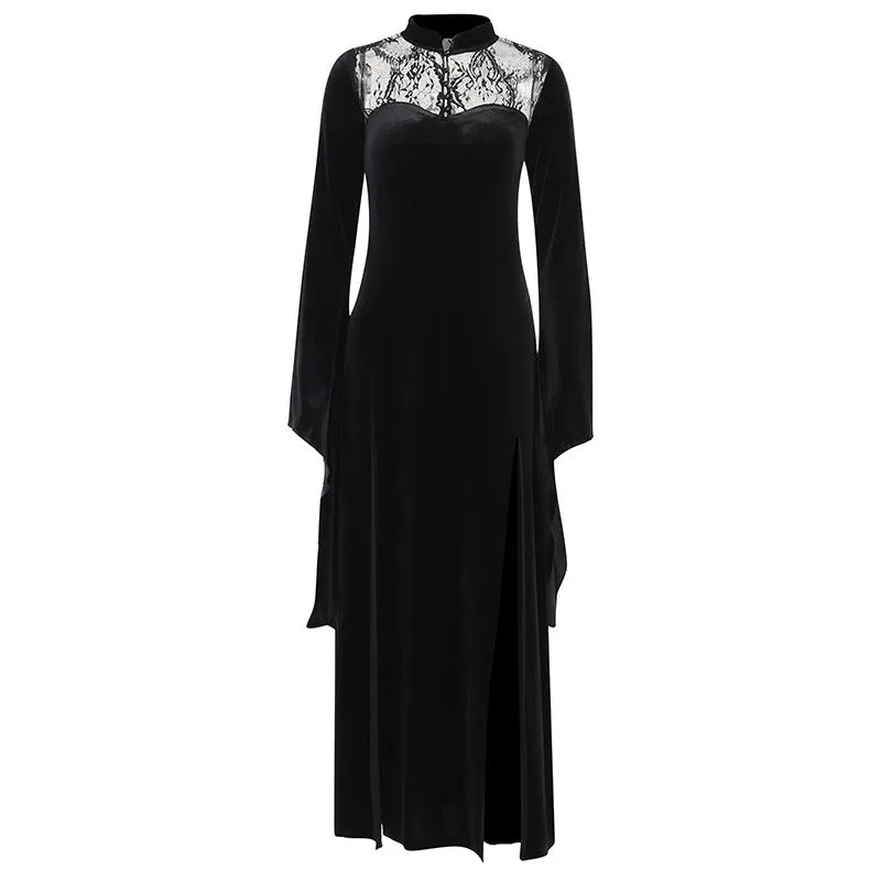 Znbbw Lace Stitching Long Dress Sexy Split Split Hollowed-Out Dress With Long Horn Sleeves