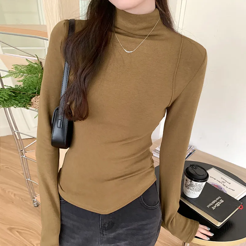 White High-Collar Slim Long-Sleeved T-Shirt Female Chunqiu New Style Slim Undershirt With Chic Temperament