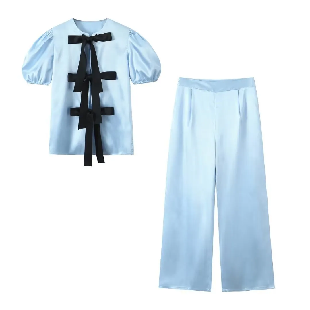 Znbbw Spring Bowknot Satin Blouse Satin Casual Trousers Set