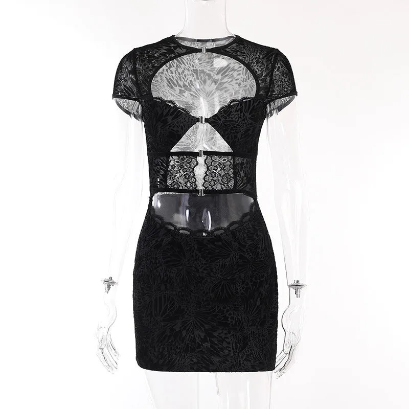 Znbbw Autumn New Spicy Girls Sexy Slim Hip Skirt Fashion Flocking Lace Hollowed-Out Dress Woman