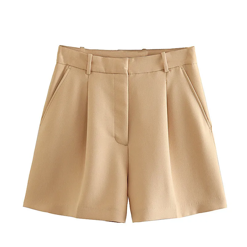 Znbbw Solid Color High-Waist Pleated Casual Fashion Shorts In Summer