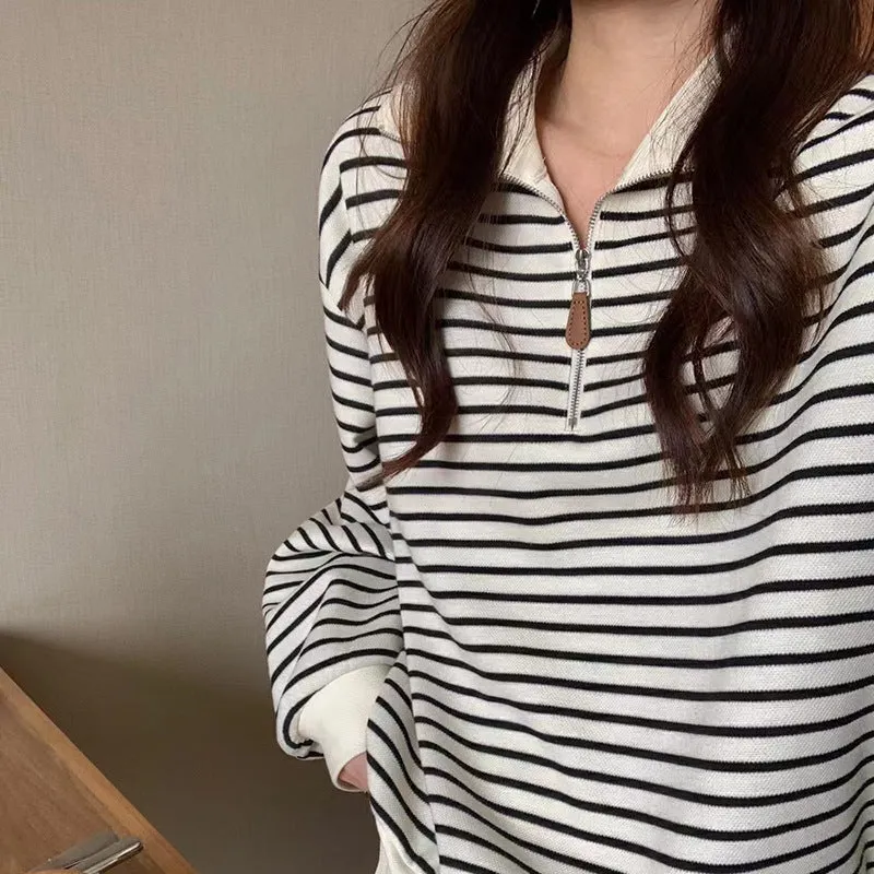 Znbbw Lapel Sweater Women's Thin Autumn Coat Striped Long-Sleeved Shirt Minority Zipper Polo Shirt Trend In 2024
