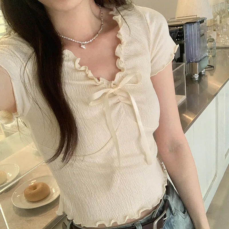 French Style V-Neck Wooden Ear Pleated Short-Sleeved T-Shirt A New Short-Style Foreign-Style Waist Blouse For Women In Summer