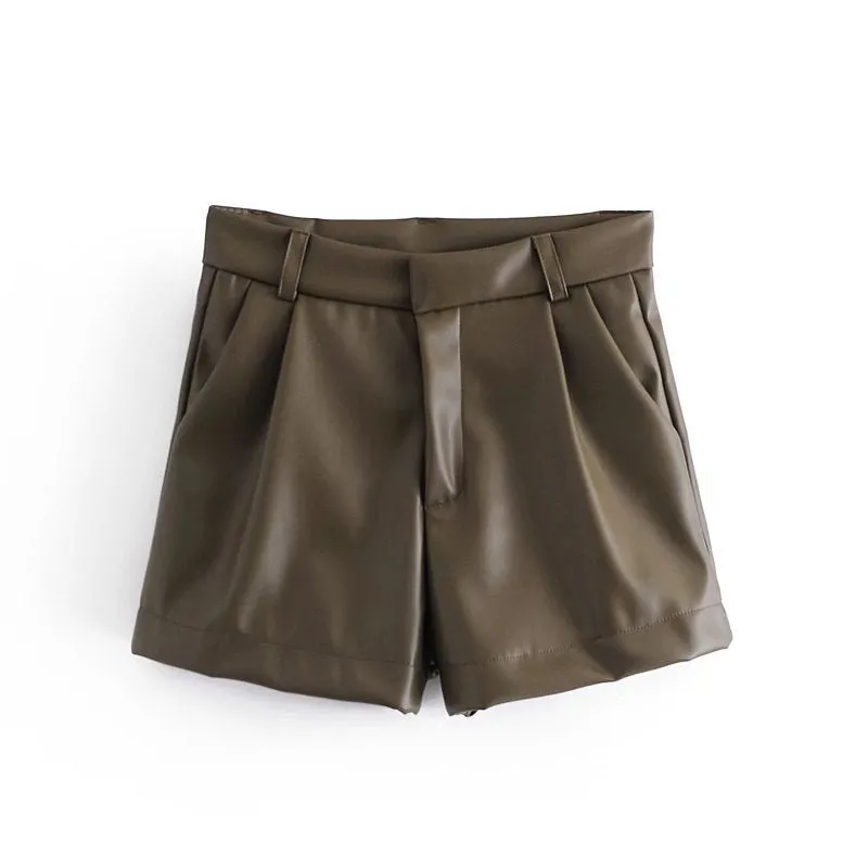 Znbbw Spring Style Pleated Leather Solid Color Fashion Trendy Shorts 7385290