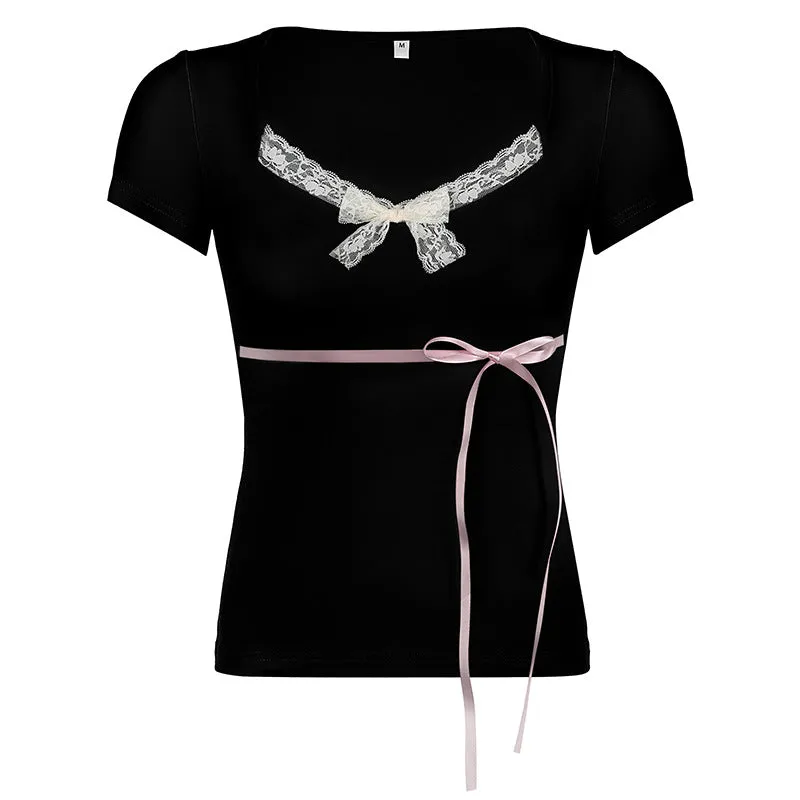 Sweet Girl Lace Bow Solid Color Short-Sleeved T-Shirt Style Stylish Casual Shirt New Style In Summer