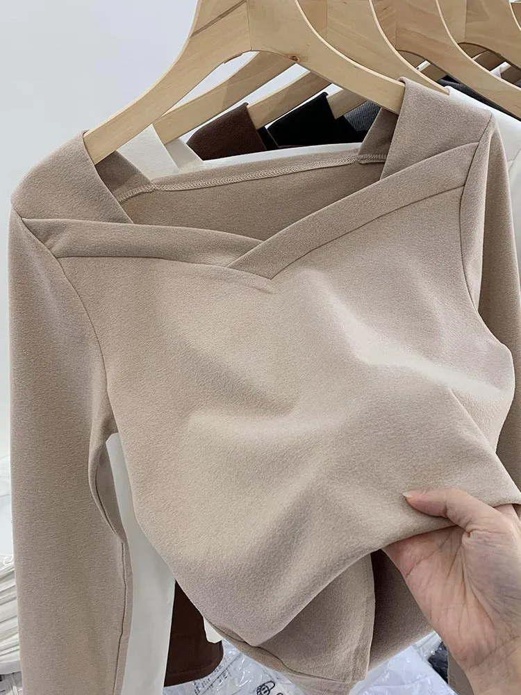 Znbbw Velvet Bottomed Blouse Women's Autumn And Winter New Design Sense Minority Square Collar Irregular Sanding Western Style Slimming Blouse