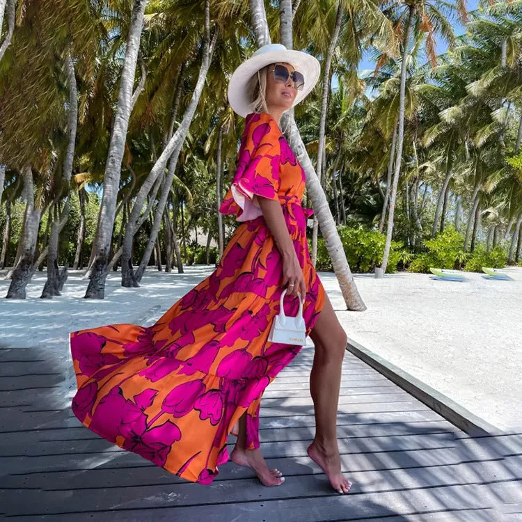 Znbbw New Summer Print Dress INS Leisure Vacation Loose Medium-Sleeved Beach Skirt