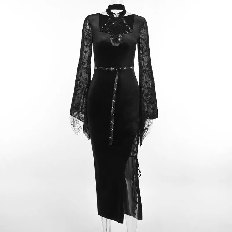 Znbbw Autumn Style New Style Slim Velvet Dress With Dark Goth Horn Sleeves Tied With Forks