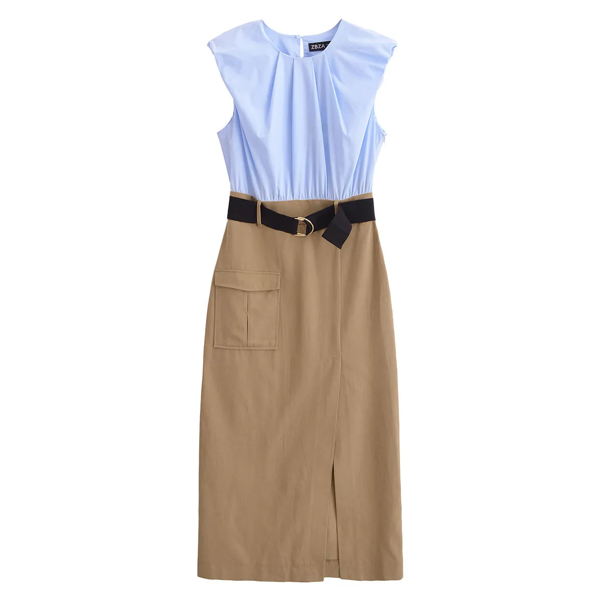 Znbbw New Spring Style With Belt Collision Color Sleeveless Flute Dress 2157022