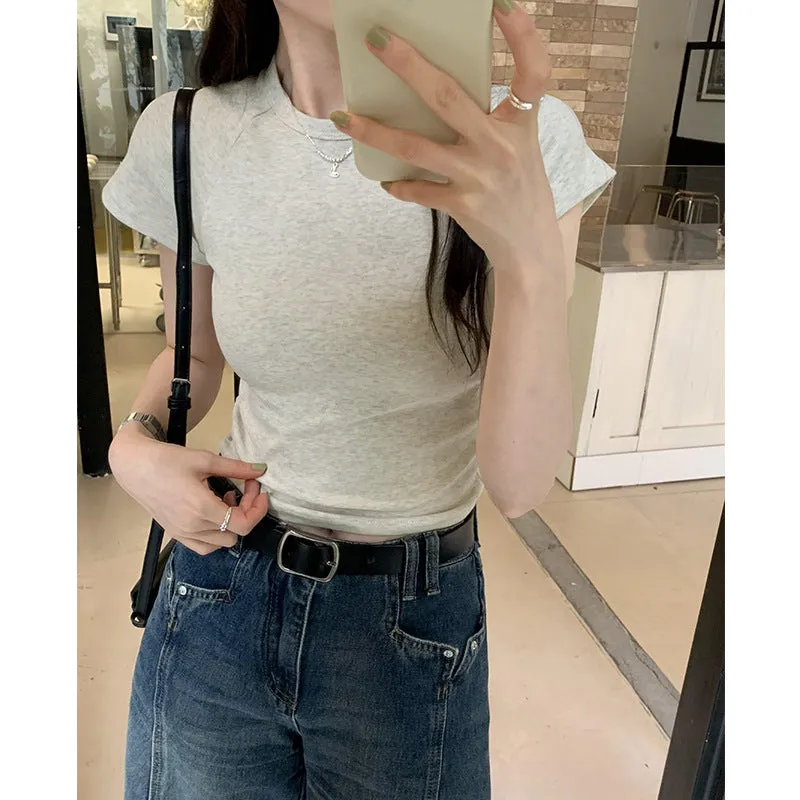 Basic T-Shirt With Shoulder, Round Neck And Short Sleeves, New Slim, High-Waisted, Short-Color Blouse For Women In Spring And Summer