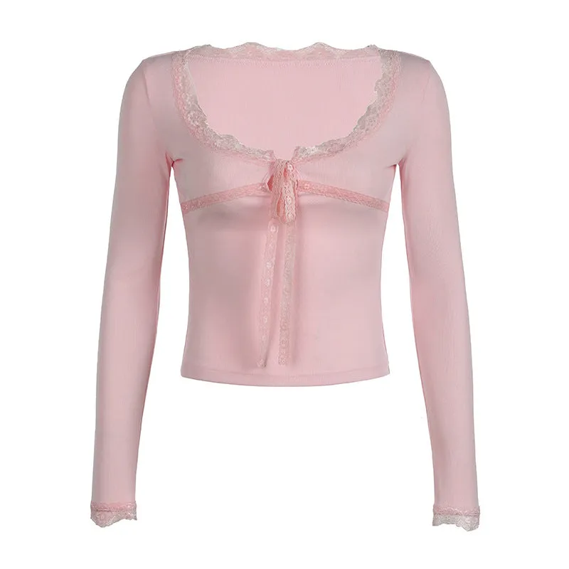 Sweet Girl Feeling Lace Tie Long-Sleeved Blouse Summer New Slim And Thin Spliced Bow Square Collar T-Shirt