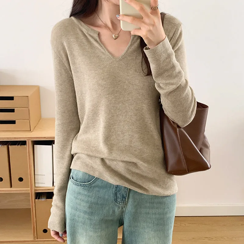 Znbbw V-Neck Long-Sleeved Bottomed Shirt A Soft Waxy Loose Casual Blouse Is Worn In The New Autumn Style.