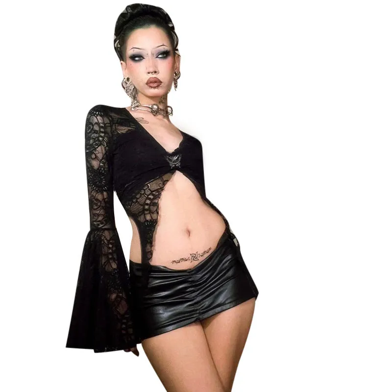 Znbbw Trumpet Sleeve Forked Deep V-Collar Navel Spicy Girl Blouse Dark Wind Street Style T-Shirt