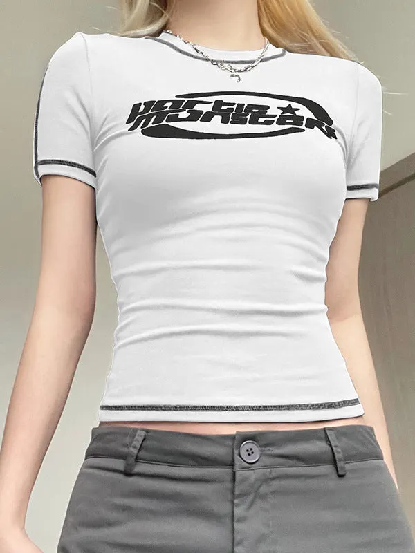 Ins Style Spring And Summer Women's Wear 2024Ins Hot Girls Street Celebrities Gray Function Wind Printed Short-Sleeved T-Shirt Women