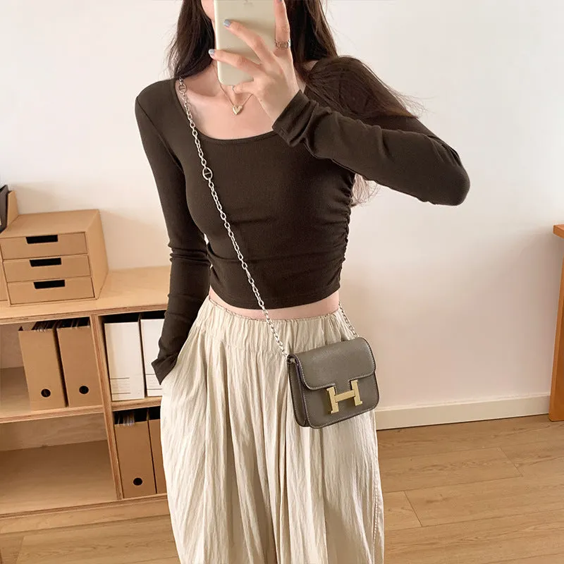 Znbbw Girls' Short U-Collar Bottomed Shirt Women's Early Autumn New Long-Sleeved T-Shirt With A Shoulder Blouse Inside The Folds