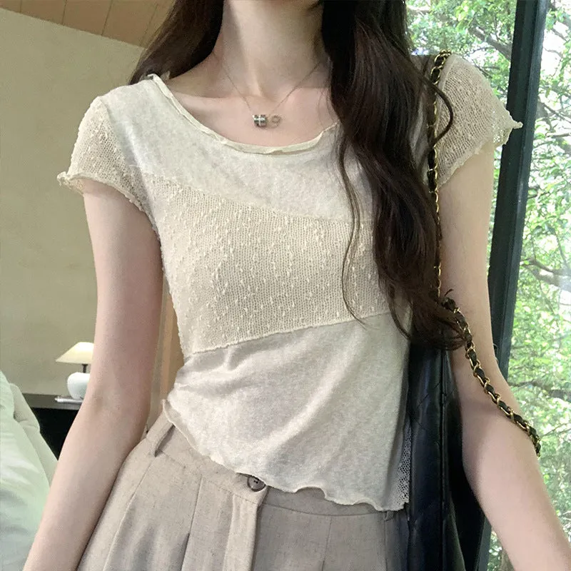 Korean Minority Design Temperament Texture Fabric Spliced Shoulder Short-Sleeved T-Shirt Women's Summer 2024 New Blouse