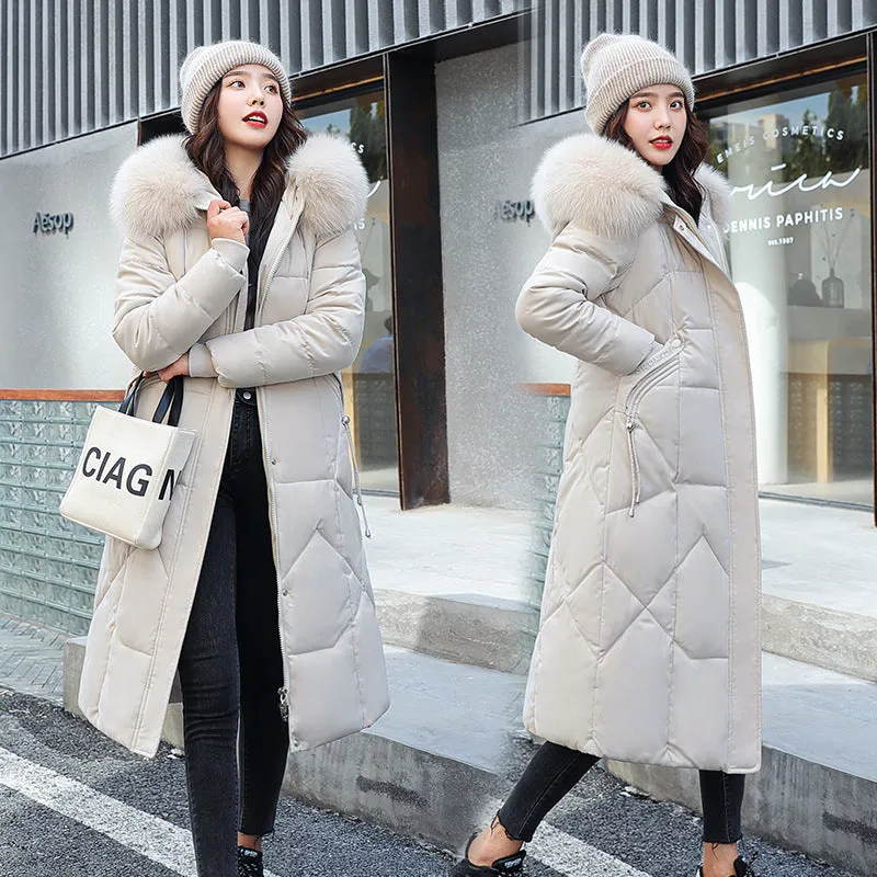 New Down Cotton-Padded Clothes Casual Cotton-Padded Clothes Female Winter Over The Knee Long Korean Version Slim Big Wool Collar And Thick Cotton-Padded Jacket
