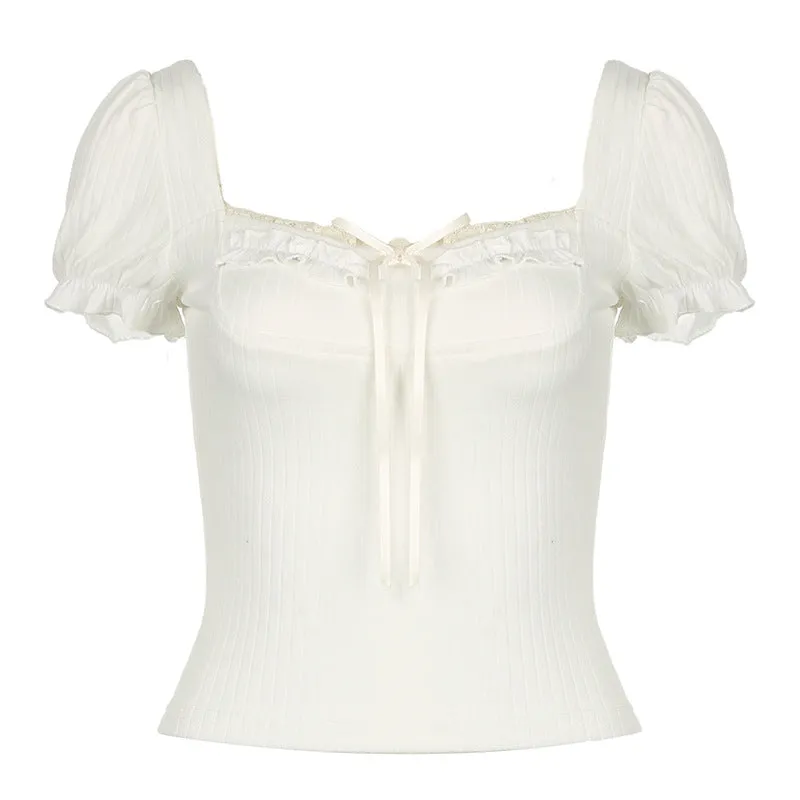 Summer Fresh Romantic Pure Color Square Collar Bubble Sleeve Girl T-Shirt Ins Trend Slim Casual Blouse New Style