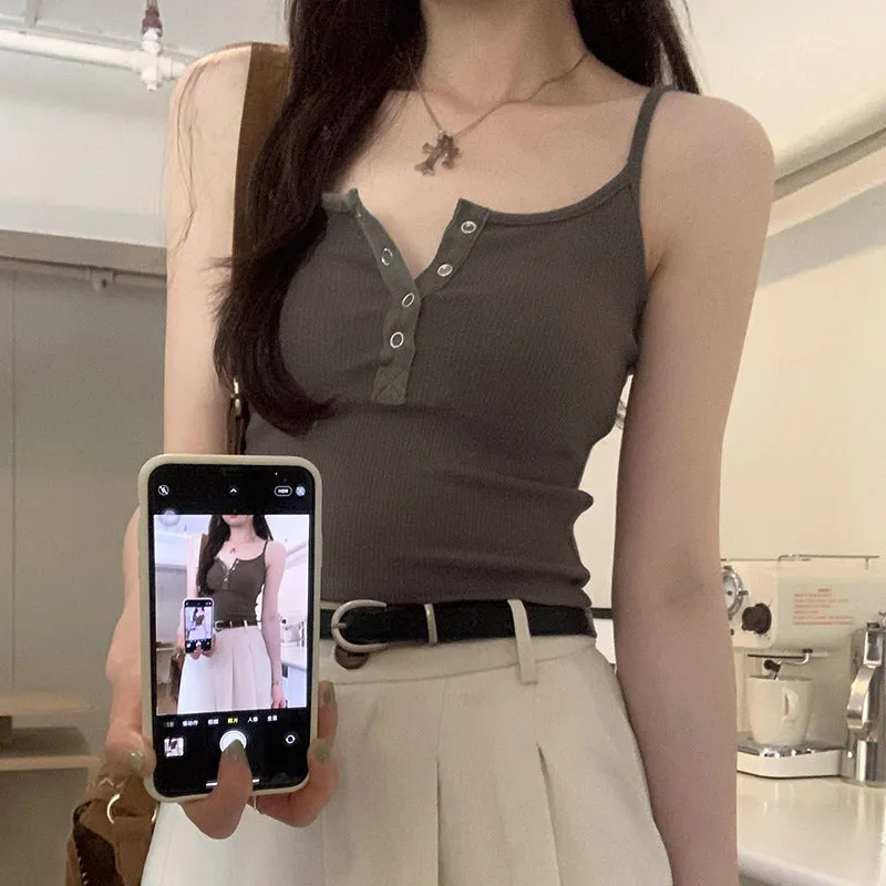Spicy Girls Platoon Buckle Knitted Sling Vest Women's Spring And Summer New Tight And Thin Inner Jacket With Short Style