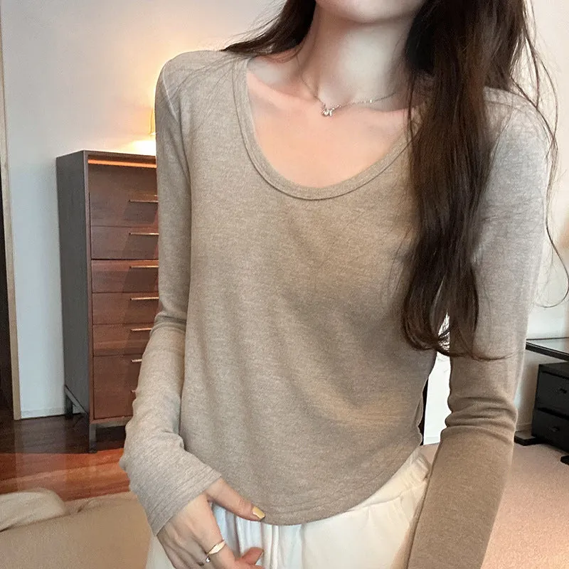 Znbbw U-Collar Long-Sleeved T-Shirt Women's New Autumn Design Sense Of Niche Slim Bottomed Shirt