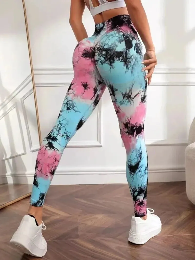 Znbbw Tie Dyed Peach Hip Yoga Pants Quick Dry Tight High Waist Semaless Leggings Hip Lifting Running Outdoor Fitness Pants