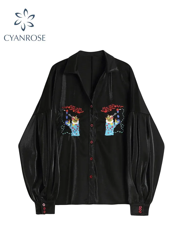 Znbbw Women Black Shirt New 2024 Autumn Streetwear Vintage Style Embroidery Long Sleeve Polo Collar Loose Ladies Casual Blouse Female