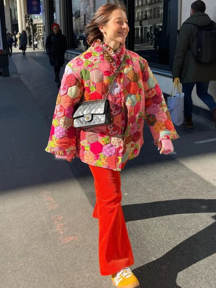 Znbbw Vintage Pleated Neck Print Women??s Coat Single Breasted Loose Casual Thick Warm Jacket 2023 Chic Sweet Street Outerwear