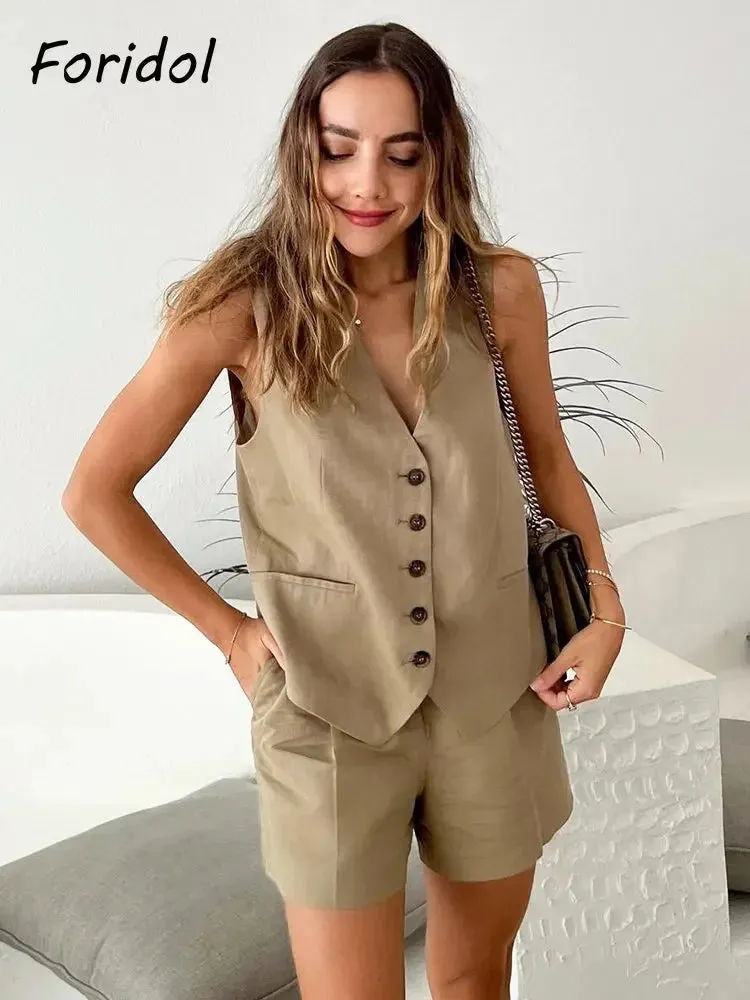 Znbbw Cotton Linen Brown Spring Summer Pockets Shorts Vest Set Sleevless Button Up V Neck Wide Leg Outfits 2 Pcs Suit Femme