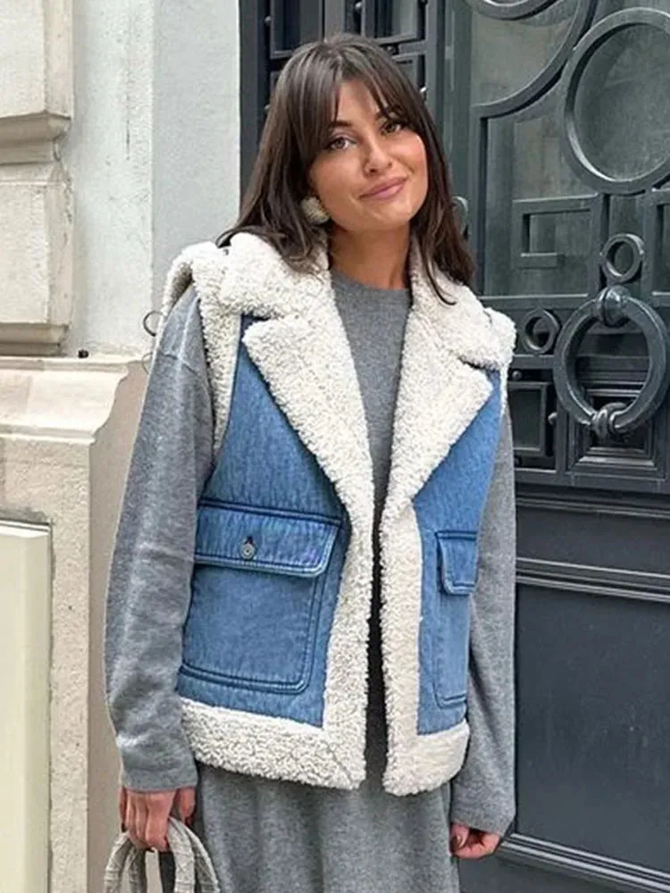 Znbbw Casual Plush Patchwork Sleeveless Vest Women's Lapel Loose Cardigan 2023 Autumn Winter Thick Warm Street Wear Female