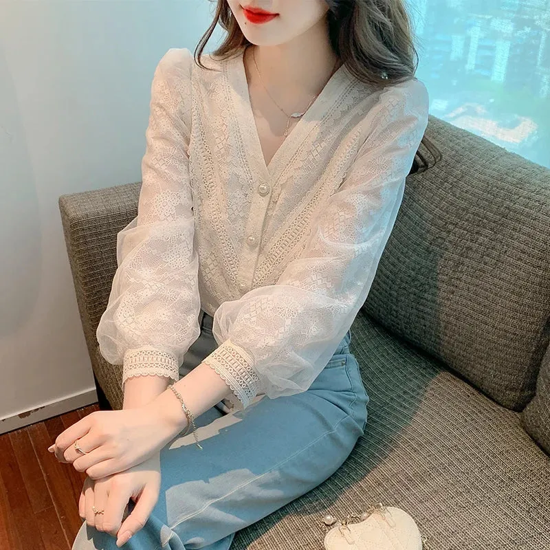 Znbbw Sleeve White Blouse Shirt Women Tops Blusas Mujer De Moda 2023 V-Neck Lace Blouse Women Shirts Blouses Blusa Camisas G383