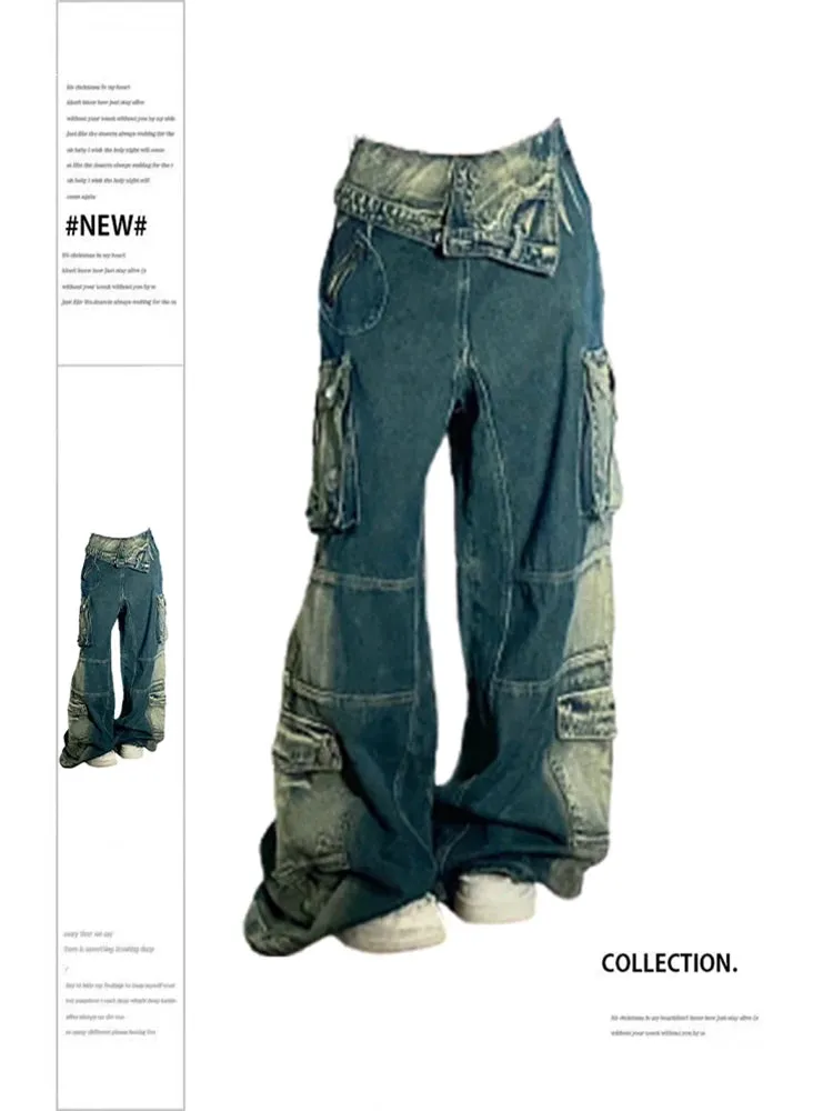 Znbbw Women's Blue Cargo Jeans Vintage Baggy High Waist Denim Trousers Harajuku 90s Korean Y2k Cowboy Pants 2000s Trashy Clothes 2024