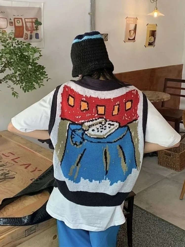 Znbbw New Fashion Knit Shawl Cartoon Jacquard Sleeveless Design Aesthetics Sweater Vest Vintage All Match Loose Women's Clothing