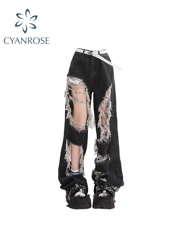 Znbbw Black Jeans Pants Y2k Baggy Streetwear High Waist Ripped Jeans Harajuku Casual Denim Wide Leg Pants Fashion Trousers Summer