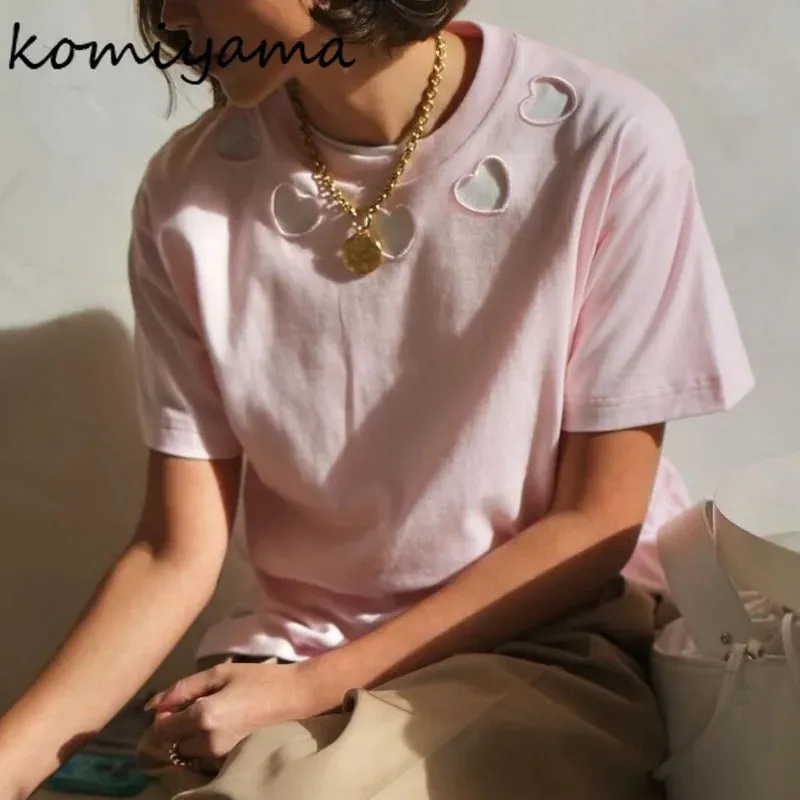 Znbbw Out Heart Embroidery Camisetas O-neck Short Sleve Ropa Mujer Niche 2024 Woman Tops Summer Tees Japanese Simple T Shirt