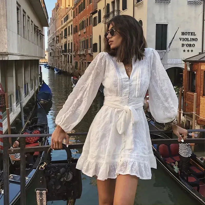 Znbbw white embriodery dress women cotton lantern sleeve summer autumn beach dress 2024 new hollow out button sash dress